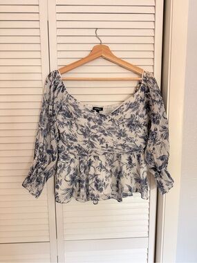 Express Cream and Blue Floral Peplum Top
